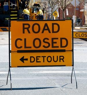 Road closed sign at roadworks