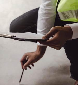 Certifier inspecting floor with pencil in hand